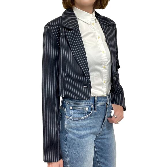 Amazon's The Drop Reims Cropped Blazer Sz S New $79 Navy Blue Pinstripe Lined - Picture 3 of 12